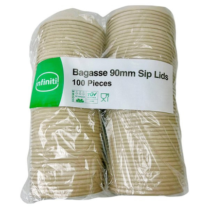 Infiniti Bagasse 100 Sip Lids 90mm compostable eco-friendly takeaway coffee cup lids