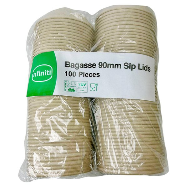 Infiniti Bagasse 100 Sip Lids 90mm compostable eco-friendly takeaway coffee cup lids