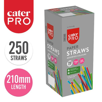 CaterPro 250 Paper Straws Assorted Colours 210mm eco-friendly colourful disposable drinking straws