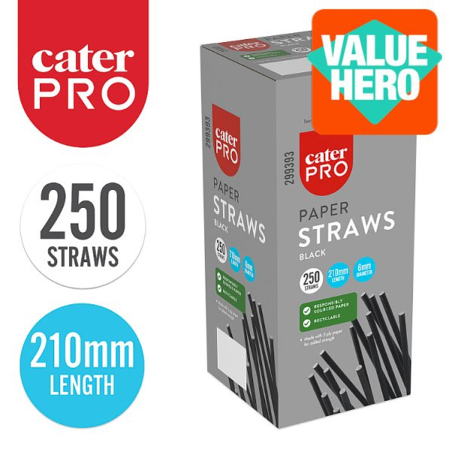 CaterPro 250 Black Paper Straws 210mm eco-friendly disposable drinking straws pack