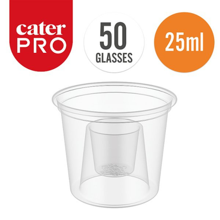 CaterPro 50 Plastic rPET Bomb Shot Glasses 25ml recyclable disposable clear shot cups