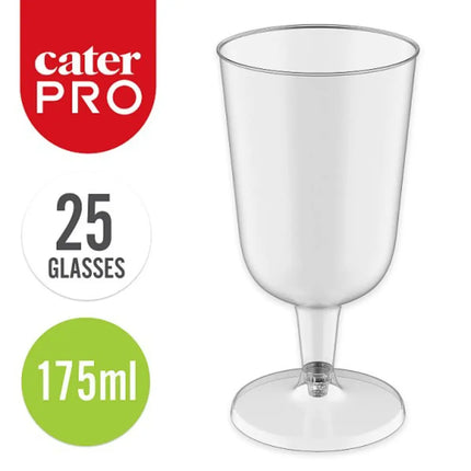 CaterPro 25 Plastic PP Wine Glasses 175ml disposable clear party and catering wine glasses