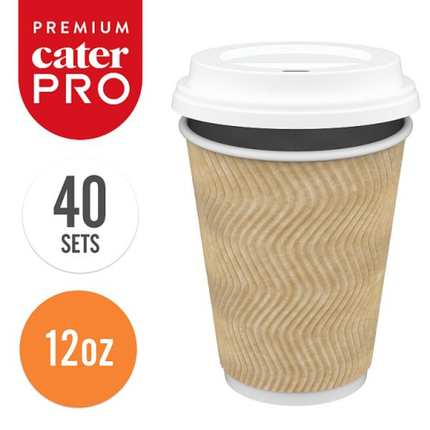 CaterPro Premium 40 PE Lined Paper Triple Wall Cups with PP Lids 340ml insulated takeaway coffee cups