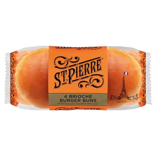 St Pierre pack of 4 pre sliced seedless brioche burger buns with soft buttery texture for burgers and sandwiches