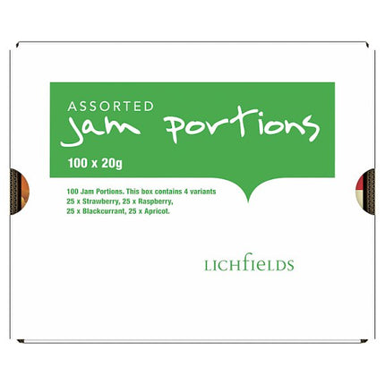 Lichfields assorted jam portions box containing 100 individual 20g breakfast preserve pots in strawberry raspberry blackcurrant and apricot flavours