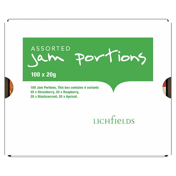 Lichfields assorted jam portions box containing 100 individual 20g breakfast preserve pots in strawberry raspberry blackcurrant and apricot flavours