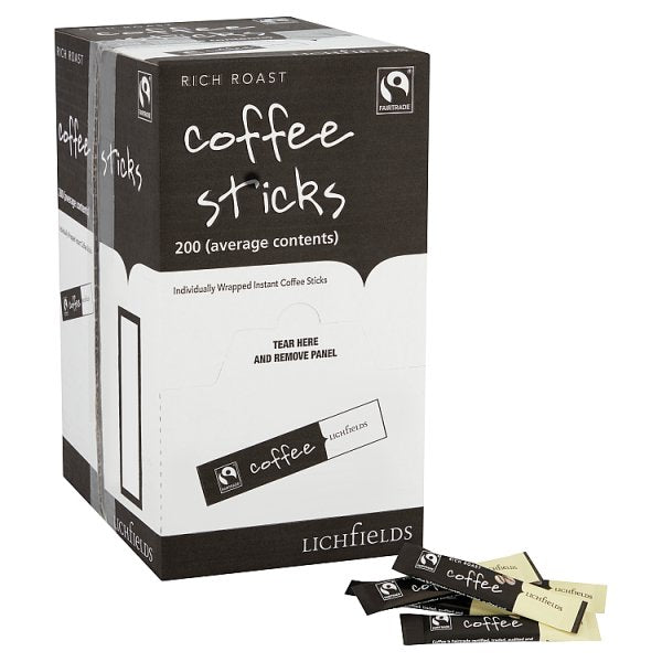 Lichfields Fairtrade Rich Roast coffee sticks catering pack containing 200 individually wrapped 2g instant coffee sachets for offices hotels and hospitality use
