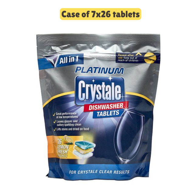 Packaging of Platinum Crystale dishwasher tablets with lemon fresh scent on a white background.