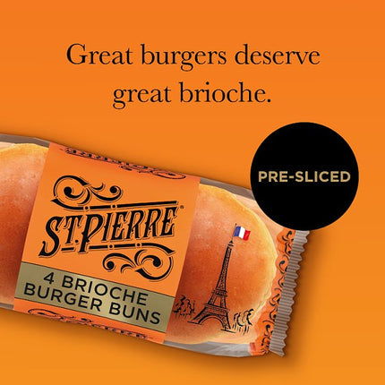 St Pierre 4 Pre-Sliced Seedless Brioche Burger Buns | Soft Brioche Burger Rolls