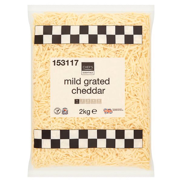 Chef's Essentials mild grated cheddar cheese 2kg catering pack for pizzas sandwiches toasties and foodservice kitchens