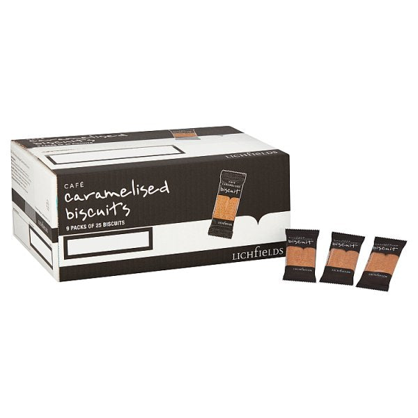 Lichfields café caramelised biscuits bulk catering pack containing 225 individually wrapped coffee biscuits for hospitality and office use