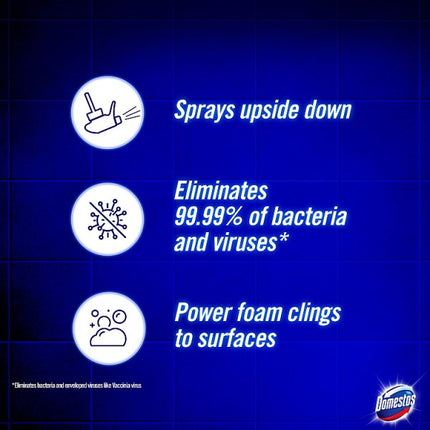 Domestos Power Foam spray bottle with a case of 6x450ml text above it on a white background.