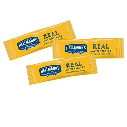 Hellmann's Real Mayonnaise portions catering pack containing 198 individual 10ml mayo sachets for takeaway and foodservice use