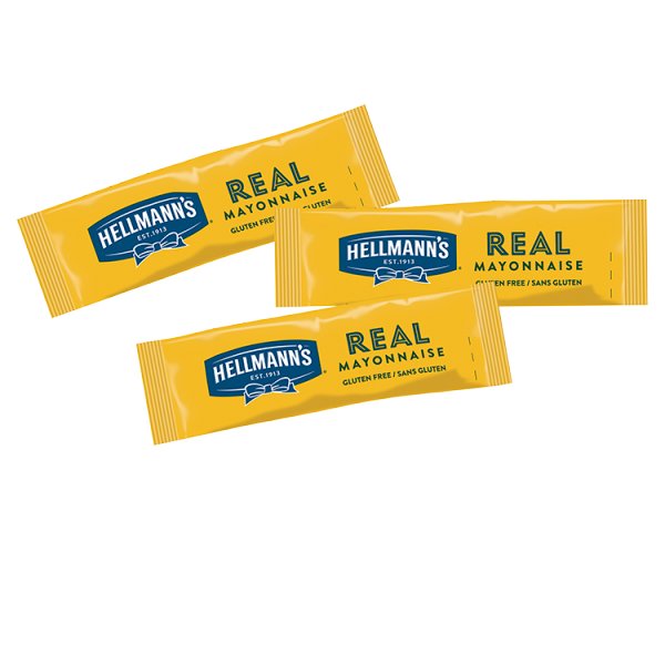 Hellmann's Real Mayonnaise portions catering pack containing 198 individual 10ml mayo sachets for takeaway and foodservice use