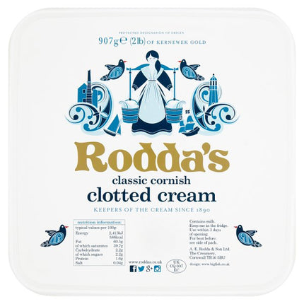 Rodda's Classic Cornish Clotted Cream 907g traditional cream tub for desserts afternoon tea and hospitality catering