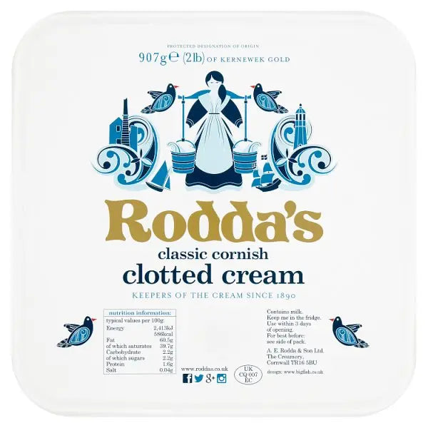 Rodda's Classic Cornish Clotted Cream 907g traditional cream tub for desserts afternoon tea and hospitality catering