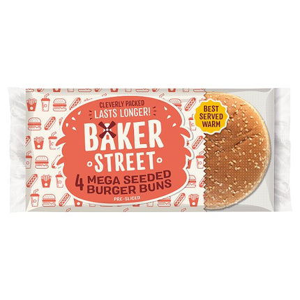Baker Street mega seeded burger buns 4 pack pre sliced seeded burger buns for BBQ meals burgers and sandwiches