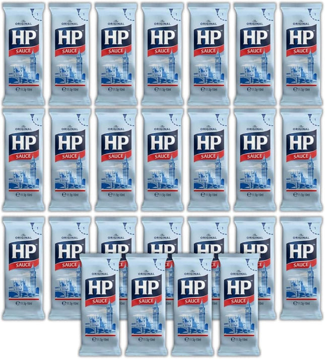 The Original Brown Sauce sachets pack containing 25 individual 11.5g sauce sachets for takeaway hospitality and catering use