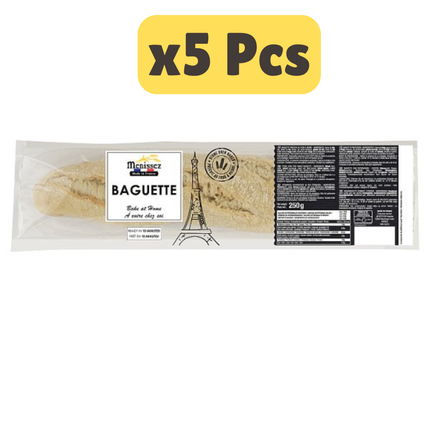 Menissez stone oven baked baguettes pack containing 5 x 250g French style part baked baguettes for sandwiches and catering use