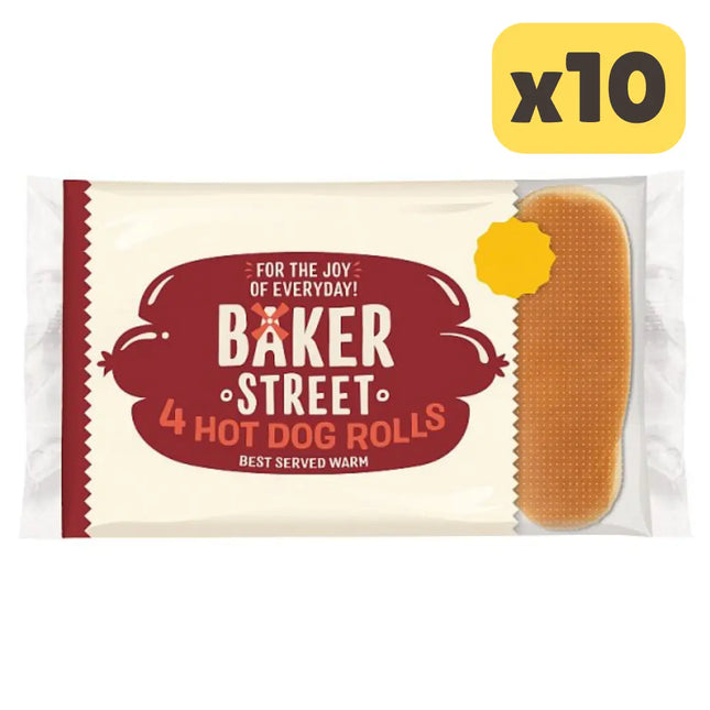 Baker Street Pre-Cut Hot Dog Rolls wholesale case containing 10 packs of 4 soft hot dog buns ready sliced for filling