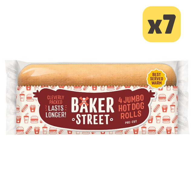 Baker Street jumbo hot dog rolls wholesale catering case containing 7 packs of 4 long life hot dog buns for foodservice use