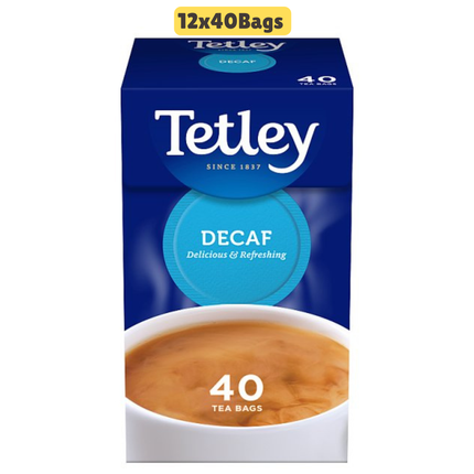 Tetley Decaf tea bags wholesale case containing 12 packs of 40 decaffeinated black tea bags