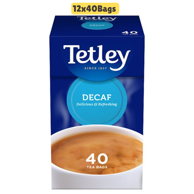 Tetley Decaf tea bags wholesale case containing 12 packs of 40 decaffeinated black tea bags