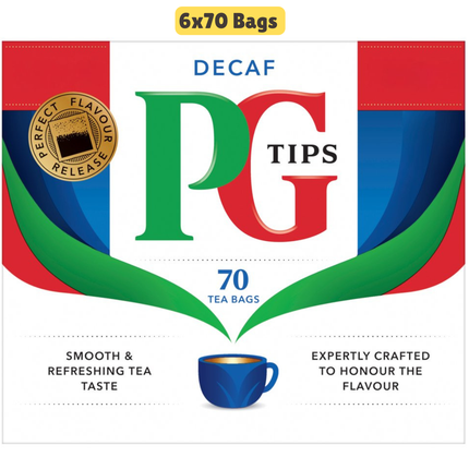 PG Tips Decaf tea bags wholesale case containing 6 packs of 70 decaffeinated black tea bags
