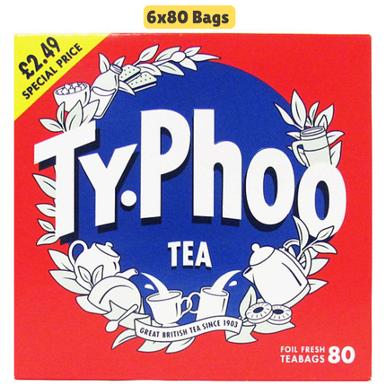 Typhoo Tea Bags price marked wholesale case containing 6 packs of 80 black tea bags with £2.49 marked packs