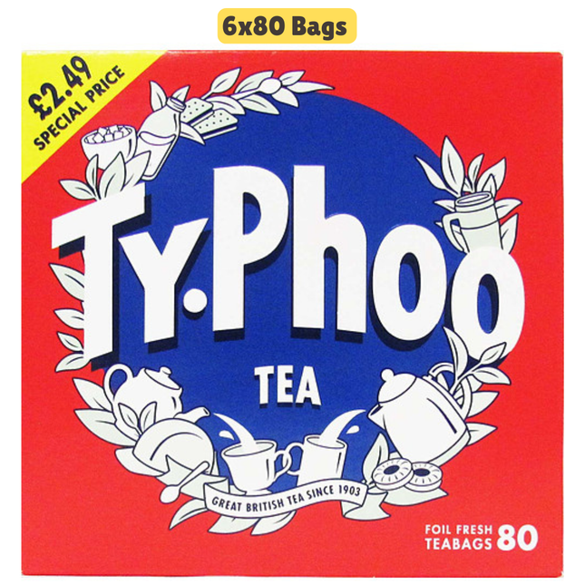 Typhoo Tea Bags price marked wholesale case containing 6 packs of 80 black tea bags with £2.49 marked packs