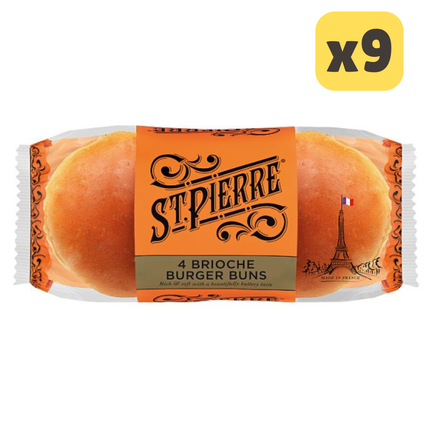 St Pierre pre sliced seedless brioche burger buns wholesale case containing 9 packs of 4 soft buttery burger buns