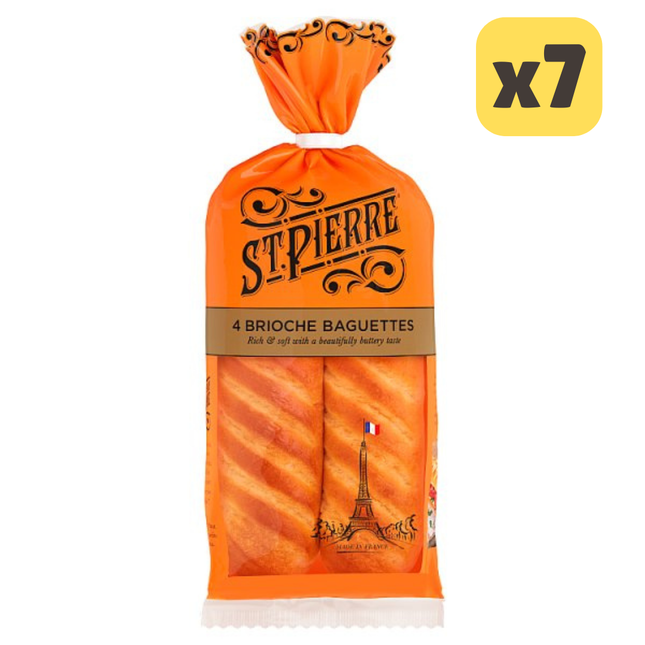 St Pierre brioche baguettes wholesale case containing 7 packs of 4 soft buttery French style baguettes for catering and hospitality use