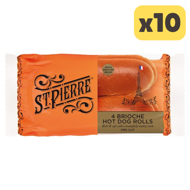 St Pierre brioche hot dog rolls wholesale catering case containing 10 packs of 4 pre cut brioche rolls for foodservice use