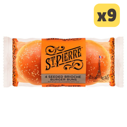 St Pierre seeded brioche burger buns wholesale catering case containing 9 packs of 4 soft seeded brioche buns for foodservice use