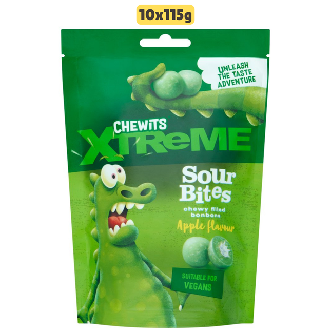Chewits Xtreme Apple Flavour Sour Bites wholesale case containing 10 bags of chewy sour apple sweets