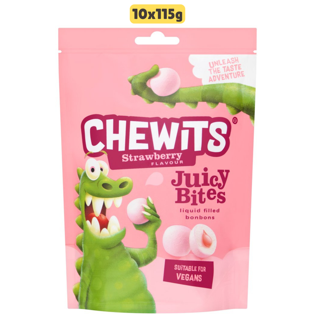 Chewits Strawberry Flavour Juicy Bites wholesale case containing 10 bags of chewy strawberry sweets