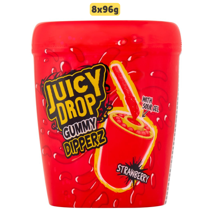 Juicy Drop Gummy Dipperz wholesale case containing 8 packs of gummy sweets with sour dipping gel