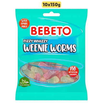 Bebeto Fizzy Whizzy Weenie Worms halal certified wholesale case containing 10 bags of fizzy gummy worm sweets