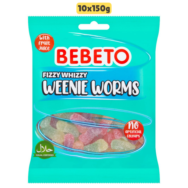 Bebeto Fizzy Whizzy Weenie Worms halal certified wholesale case containing 10 bags of fizzy gummy worm sweets