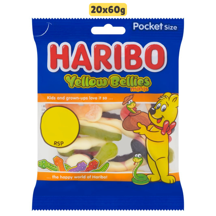 HARIBO Yellow Bellies wholesale case containing 20 fun size bags of fruit flavour foam gum sweets