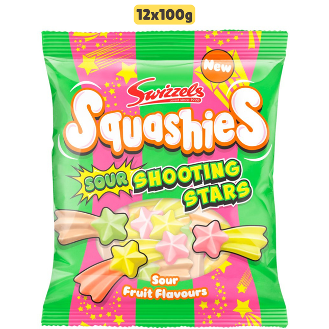 Swizzels Squashies Sour Shooting Stars wholesale case containing 12 bags of fruity sour foam sweets
