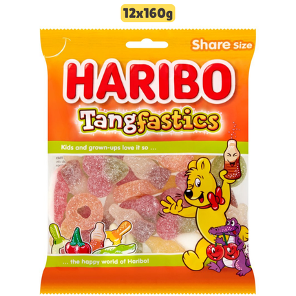 HARIBO Tangfastics wholesale case containing 12 sharing bags of fruit and cola flavour fizzy jelly sweets