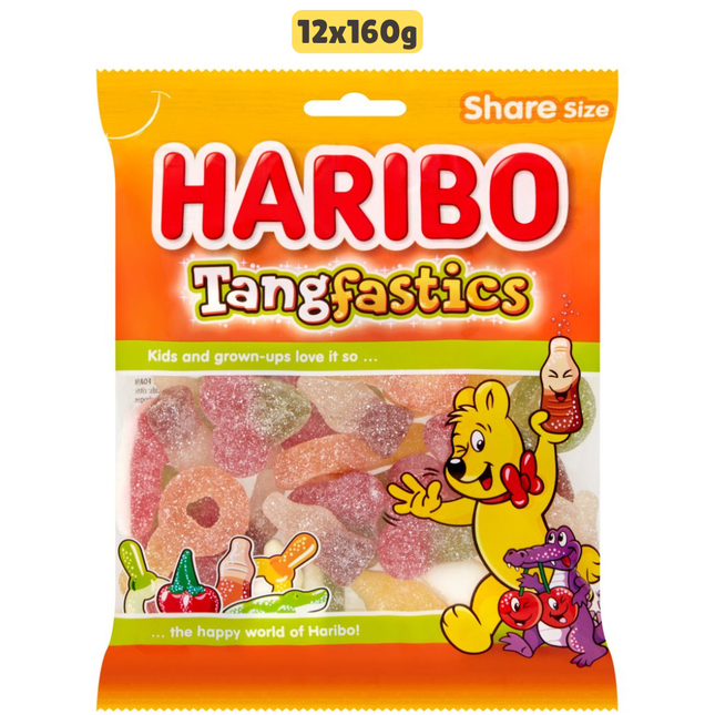 HARIBO Tangfastics wholesale case containing 12 sharing bags of fruit and cola flavour fizzy jelly sweets