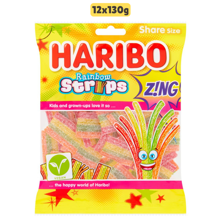 HARIBO Rainbow Strips Zing vegan wholesale case containing 12 sharing bags of fizzy chewy rainbow sweets