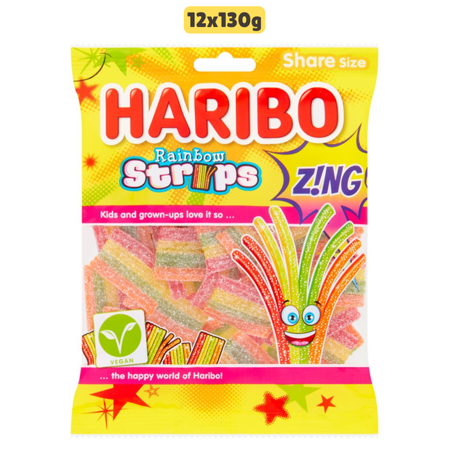 HARIBO Rainbow Strips Zing vegan wholesale case containing 12 sharing bags of fizzy chewy rainbow sweets