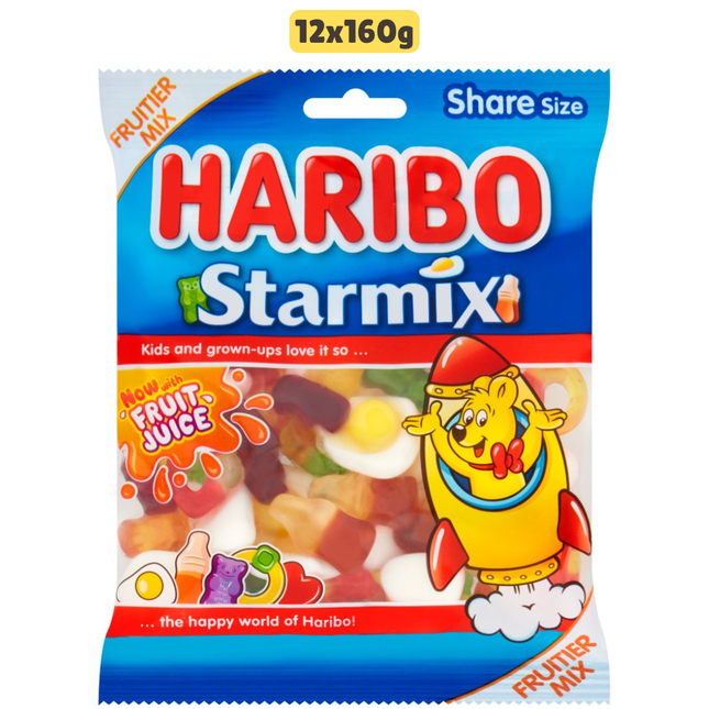 HARIBO Starmix wholesale case containing 12 sharing bags of fruit and cola flavour jelly and foam sweets
