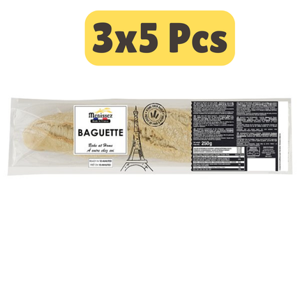 Menissez stone oven baked baguettes wholesale catering case containing 3 packs of 5 x 250g French style part baked baguettes