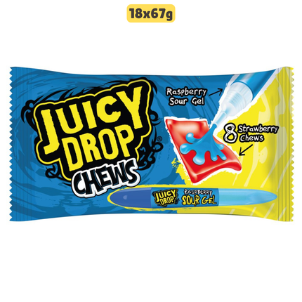 Juicy Drop Chews Sour Gel Candy wholesale case containing 18 packs of chewy sweets with sour gel filling