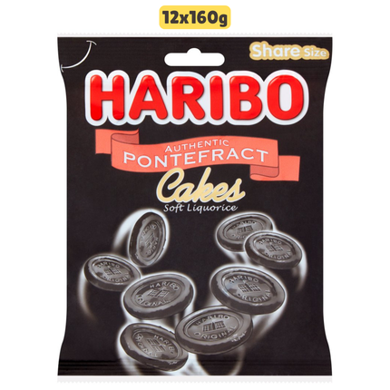 HARIBO Pontefract Cakes wholesale case containing 12 sharing bags of chewy liquorice sweets