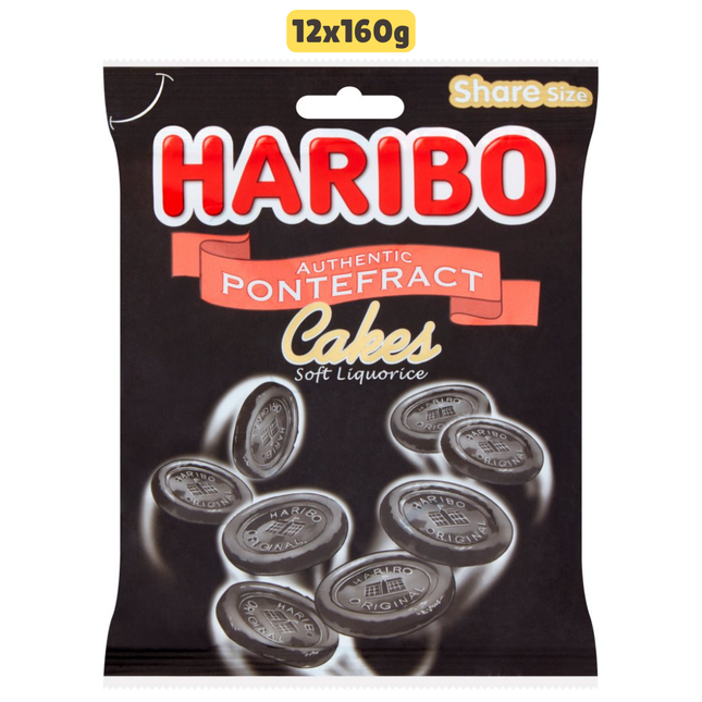 HARIBO Pontefract Cakes wholesale case containing 12 sharing bags of chewy liquorice sweets